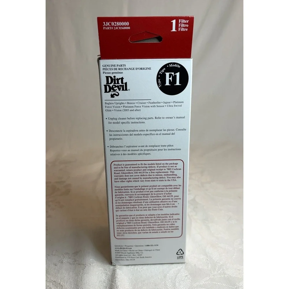 Dirt Devil F1 HEPA Media Filter for Bagless Upright Vacuums New In Box